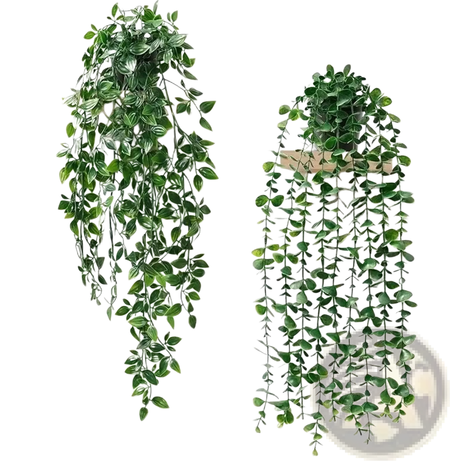 Two artificial hanging plants with realistic green ivy leaves and trailing vines in a 3 pack fake greenery set