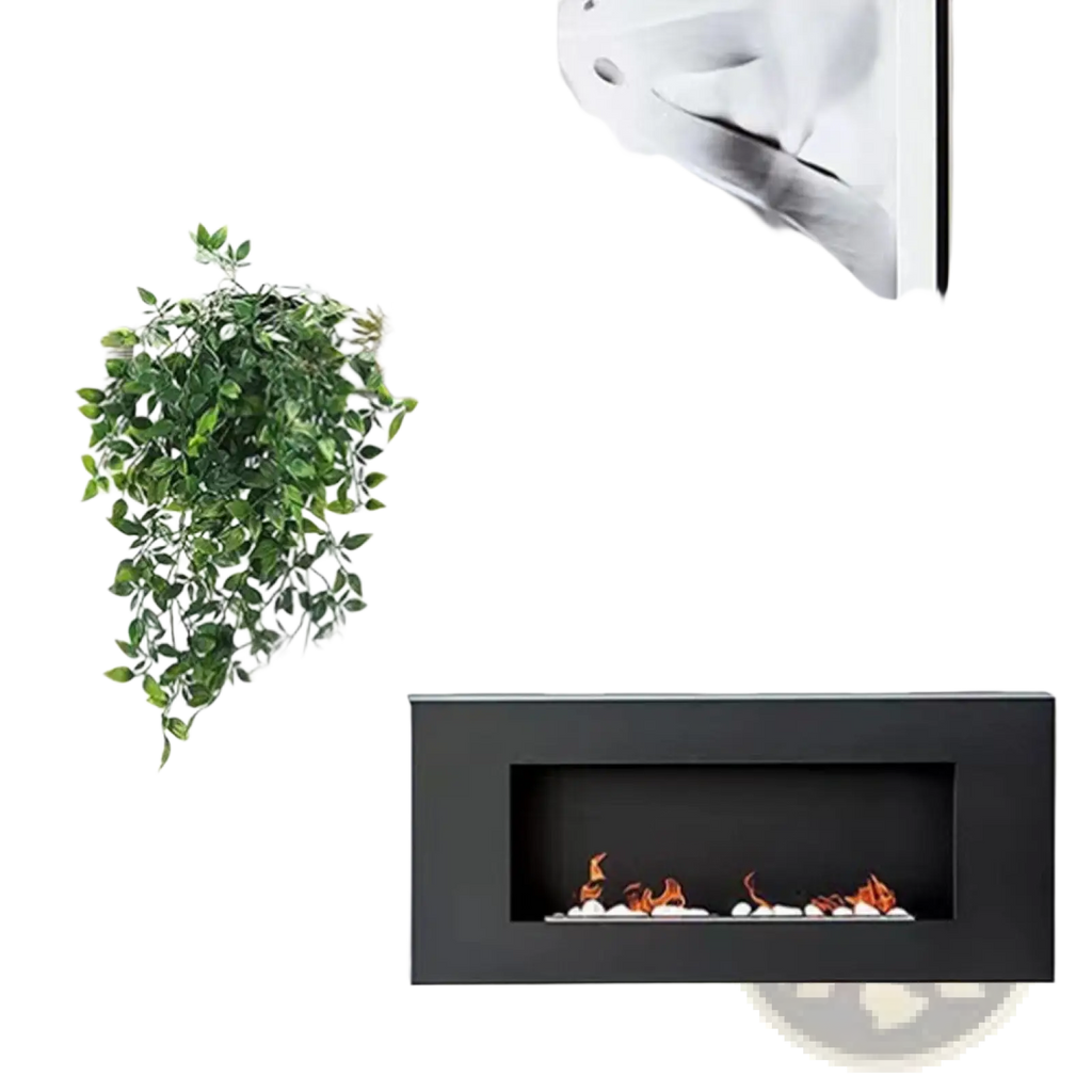 Black rectangular electric fireplace with glowing orange flames and white pebbles inside beside artificial hanging ivy plants