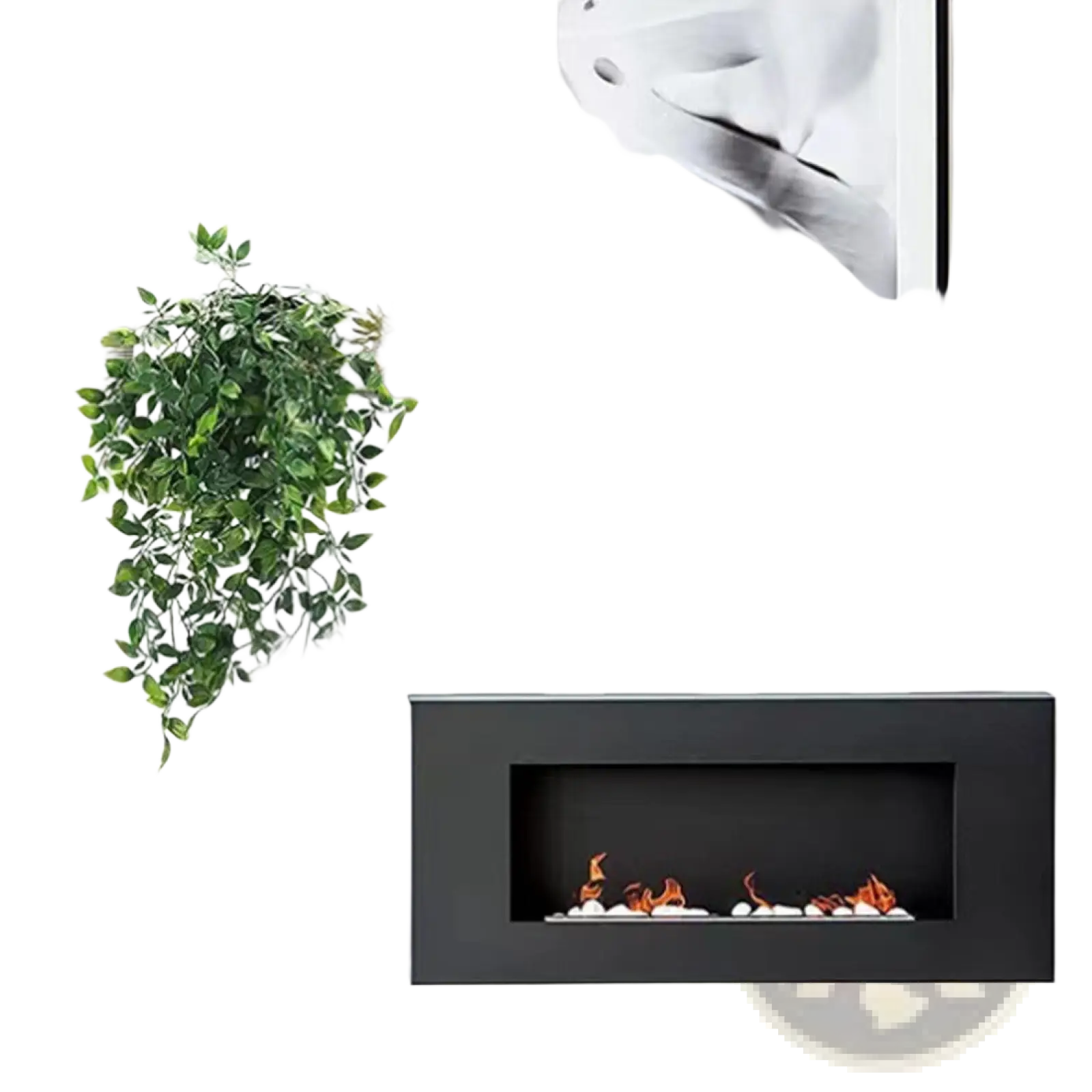 Black rectangular electric fireplace with glowing orange flames and white pebbles inside beside artificial hanging ivy plants