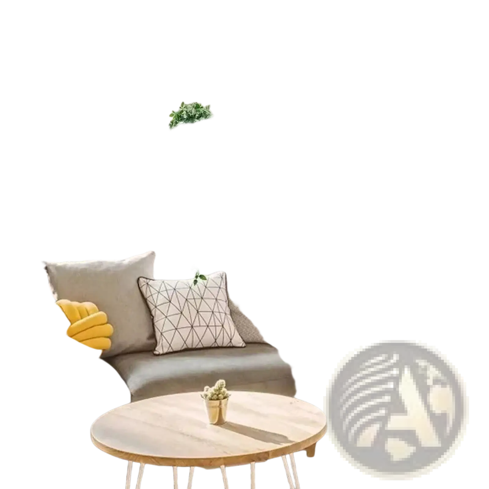 Gray velvet sectional sofa with yellow black and white geometric textured throw pillows and artificial hanging ivy plants 4 pack