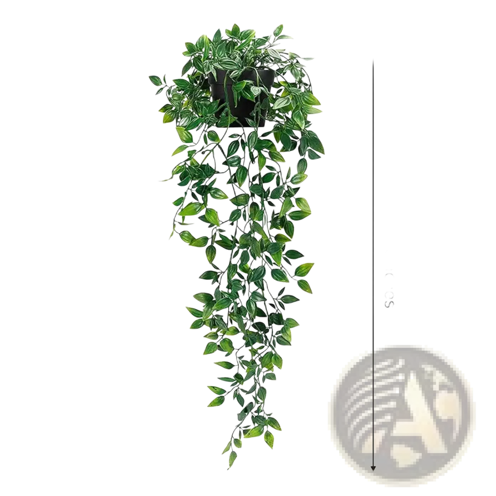 Green artificial hanging plants 4 pack featuring cascading ivy vine leaves in black pots for decorative use