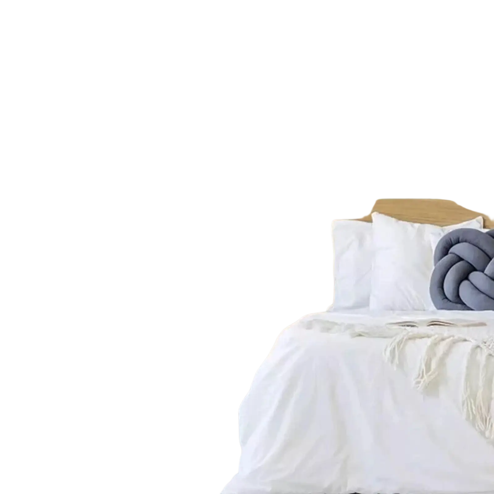 Wooden bed with white bedding and gray knotted pillow next to artificial hanging plants 4 pack fake ivy vine decor