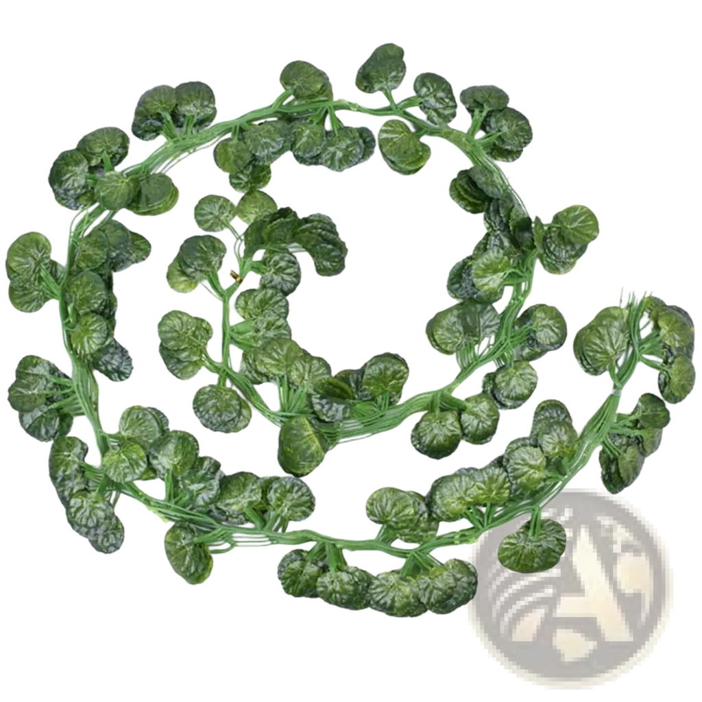 Green artificial begonia leaves arranged in a circular pattern on a 2m artificial ivy garland fake vine hanging plant