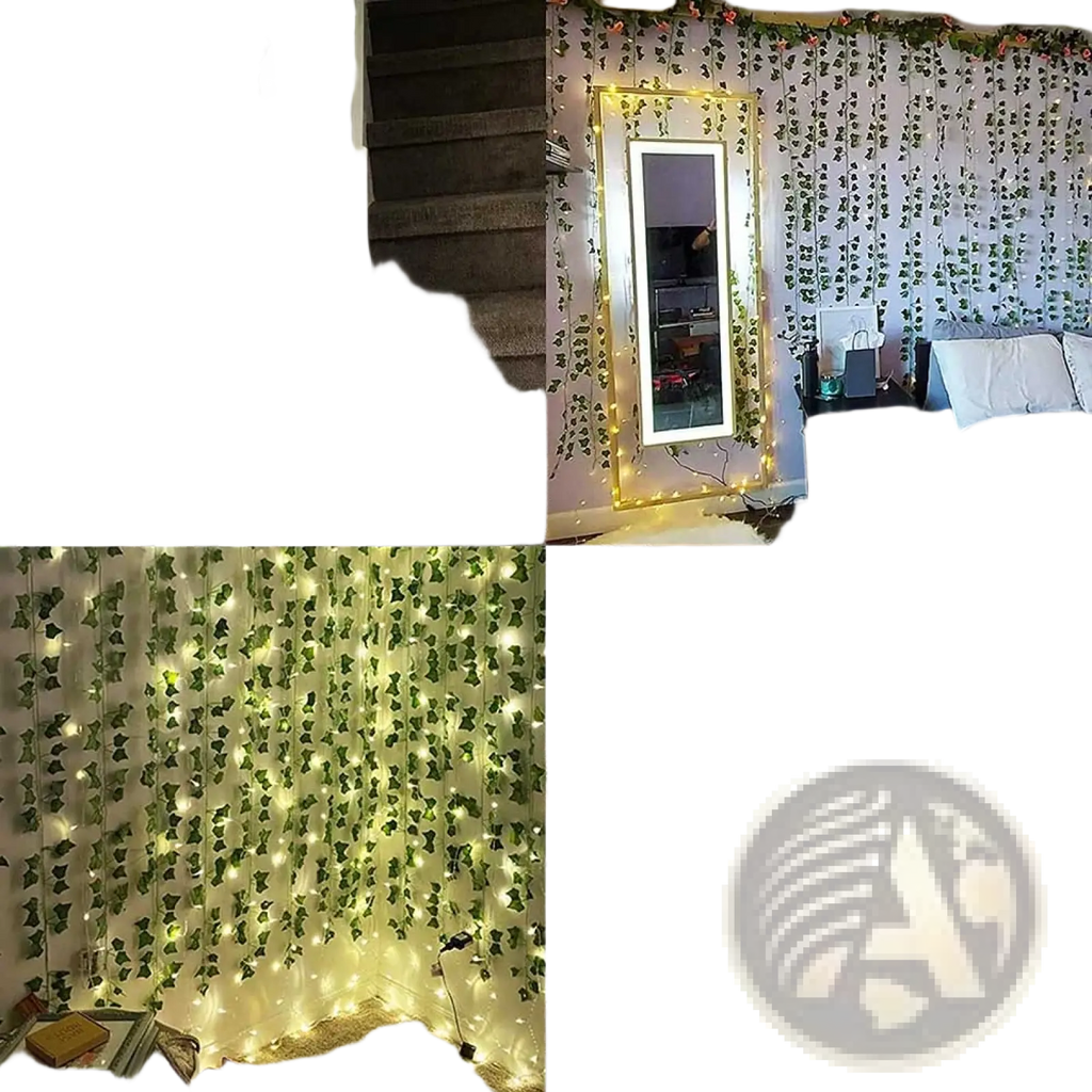 Artificial green ivy leaf garland with warm white string lights 2m fake vine hanging plants decoration