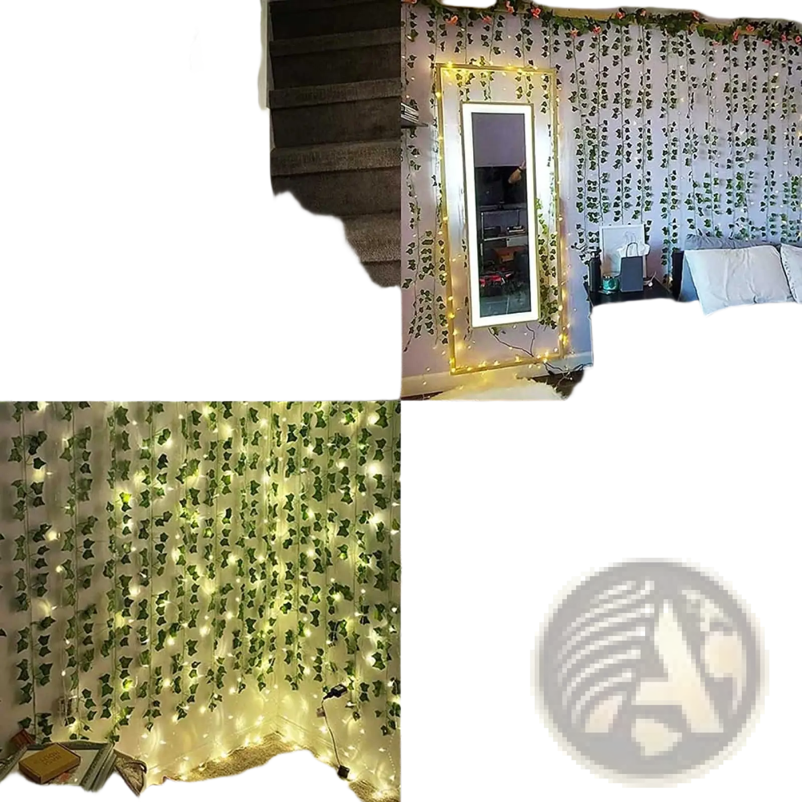 Artificial green ivy leaf garland with warm white string lights 2m fake vine hanging plants decoration