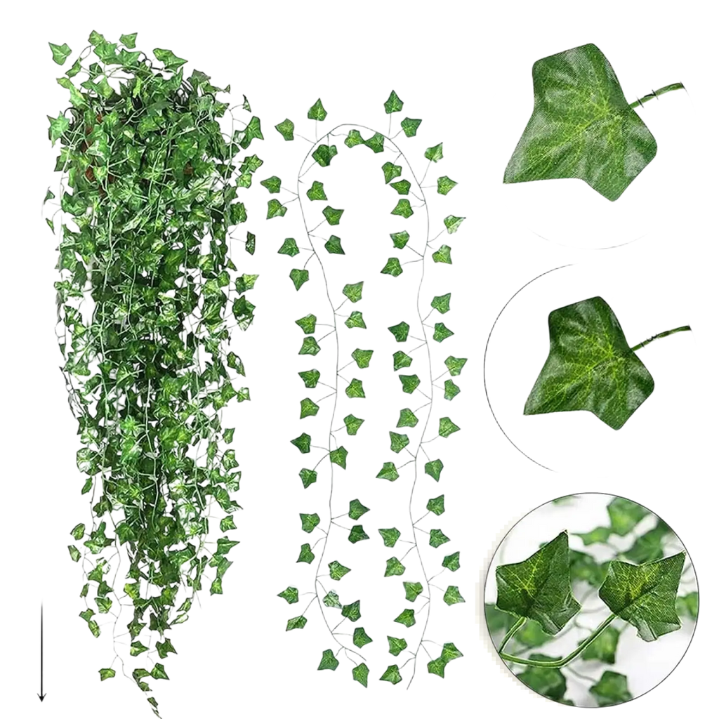 Green artificial ivy garland with detailed leaf patterns and realistic texture for decorative hanging plants