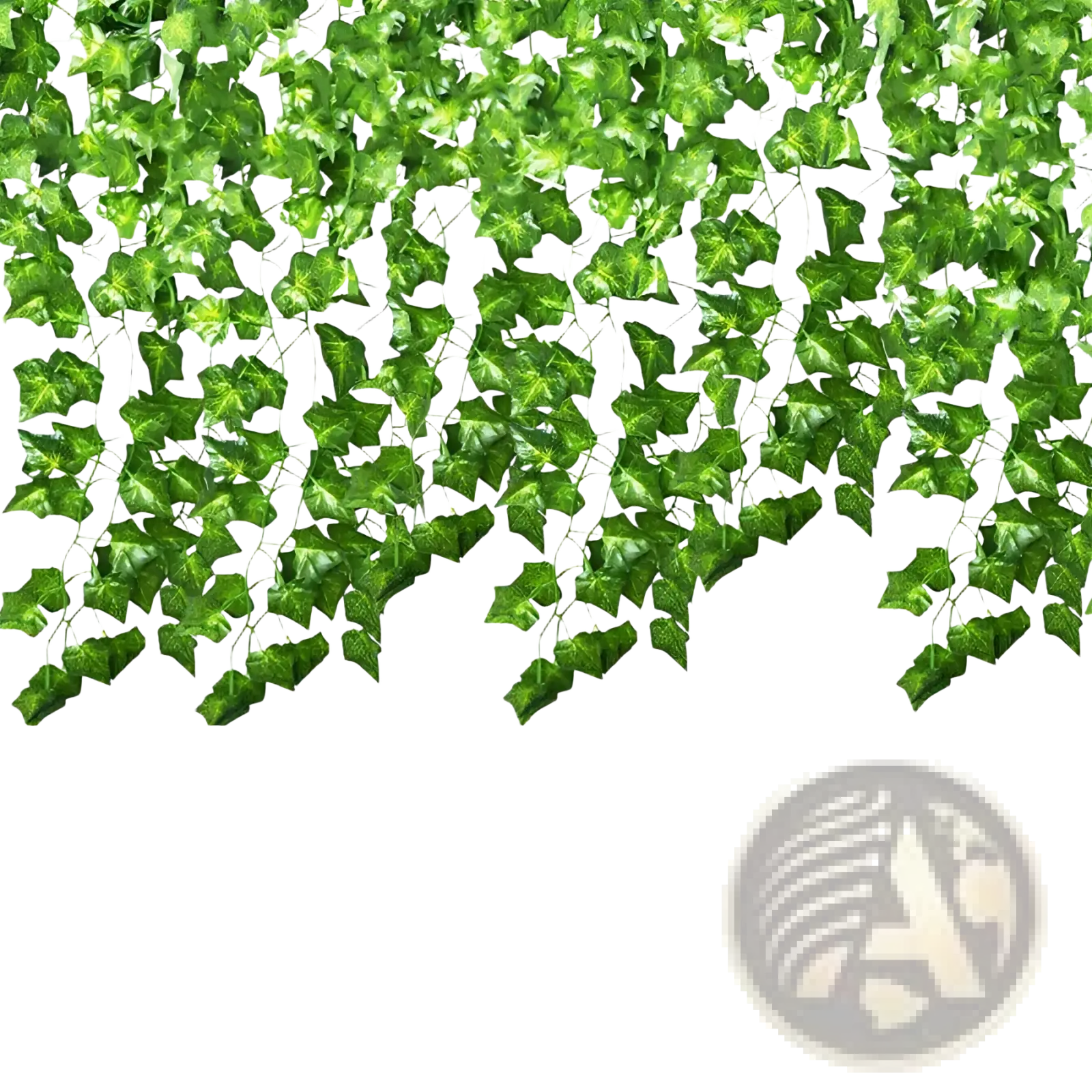 Green artificial ivy garland made of realistic faux vine leaves for decorative hanging use in indoor or outdoor spaces