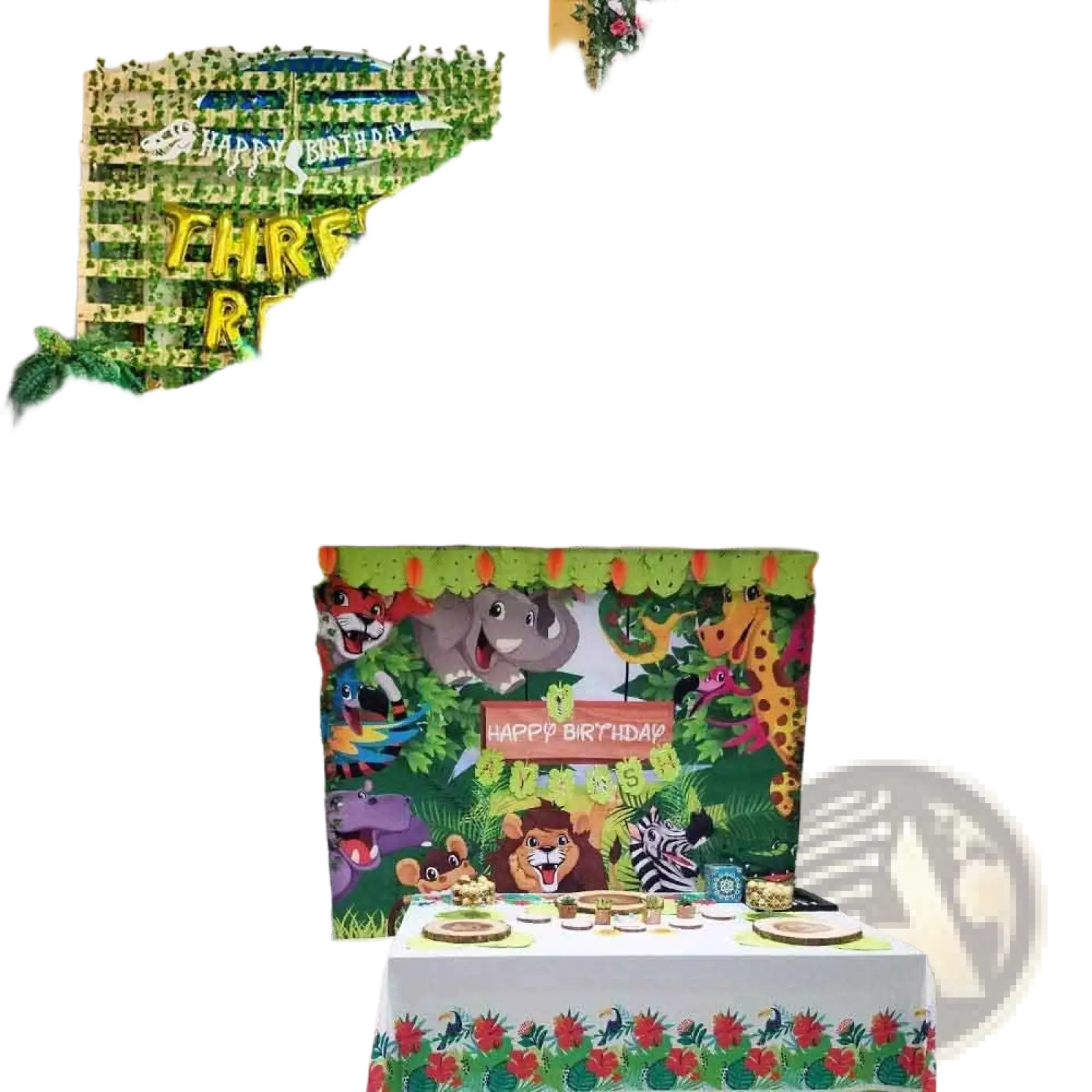 Green jungle-themed birthday party backdrop featuring cartoon animals with artificial ivy garland fake vine decor