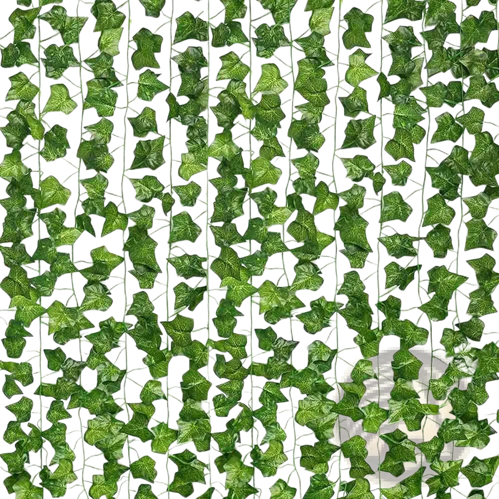 Green artificial ivy garland with realistic leaf texture and slender stems for decorative hanging plants