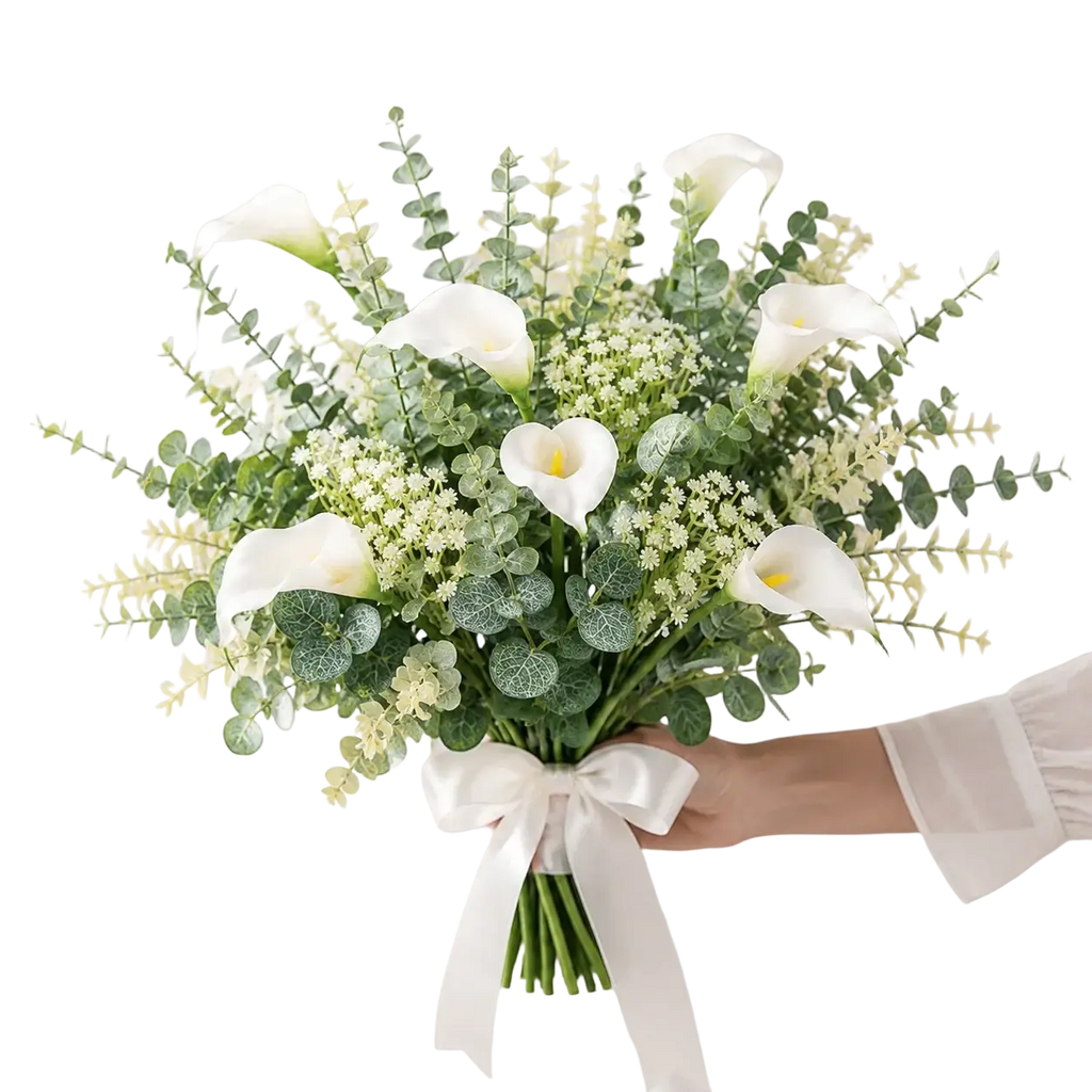 A delicate white artificial mixed flowers bouquet with eucalyptus and tiny filler blooms tied with satin ribbon flowers 48pcs fake