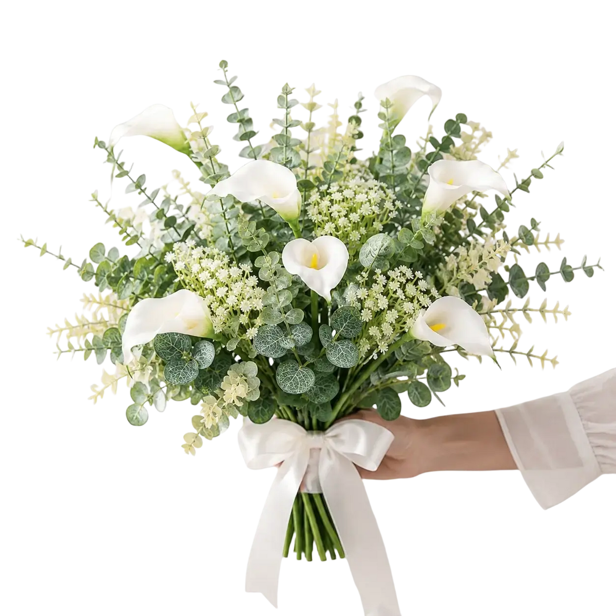 A delicate white artificial mixed flowers bouquet with eucalyptus and tiny filler blooms tied with satin ribbon flowers 48pcs fake