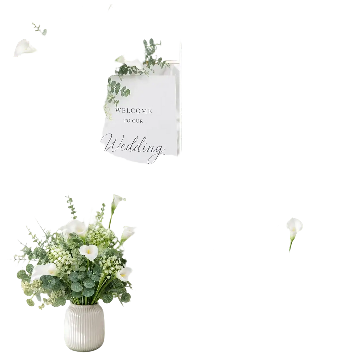 Elegant artificial mixed flowers 48pcs with white calla lilies and greenery in a textured off-white ceramic vase