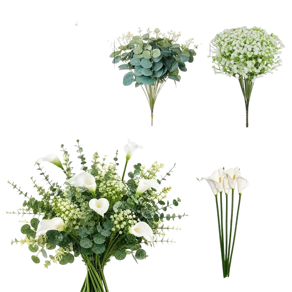 Artificial mixed flowers 48pcs wedding bouquet featuring white calla lilies green eucalyptus and baby’s breath blossoms