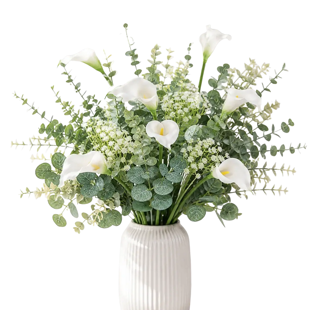 White ceramic vase with vertical ridges holds artificial mixed flowers 48pcs calla lilies and eucalyptus bouquet arrangement