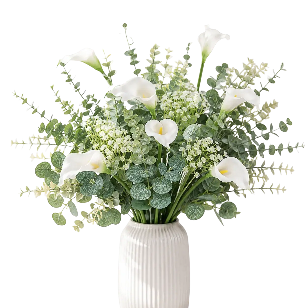 White ceramic vase with vertical ridges holds artificial mixed flowers 48pcs calla lilies and eucalyptus bouquet arrangement
