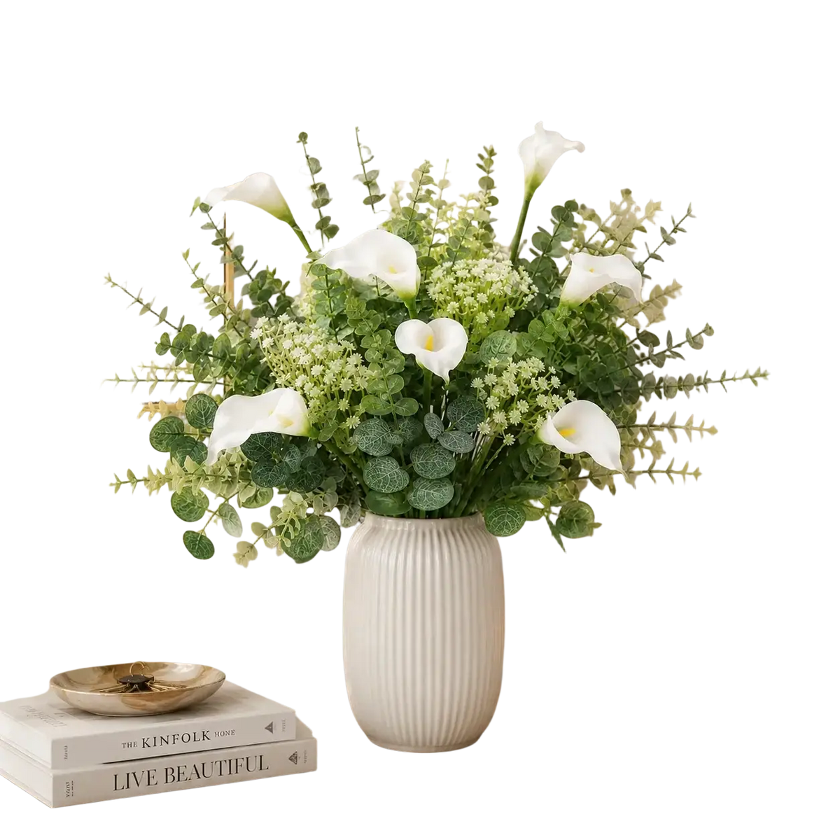 A white ribbed ceramic vase holding artificial mixed flowers 48pcs including calla lilies and eucalyptus leaves