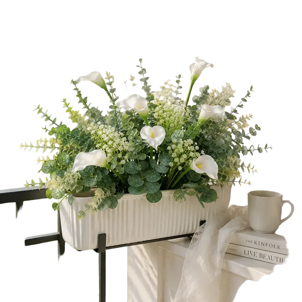 White ribbed ceramic planter with artificial mixed flowers 48pcs featuring white calla lilies and green foliage arrangement