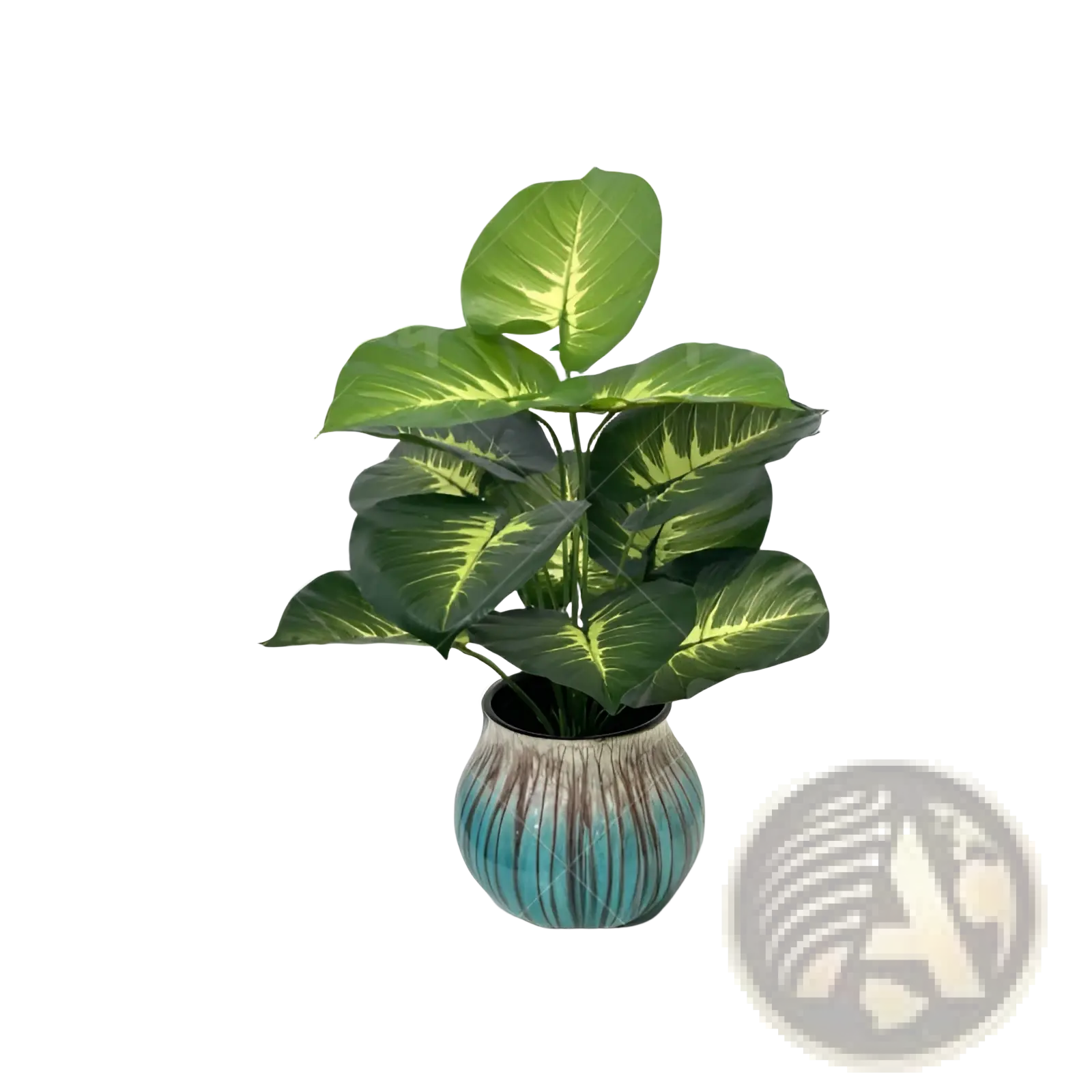A vibrant green artificial monstera turtle leaf plant with variegated leaves in a teal brown ceramic pot