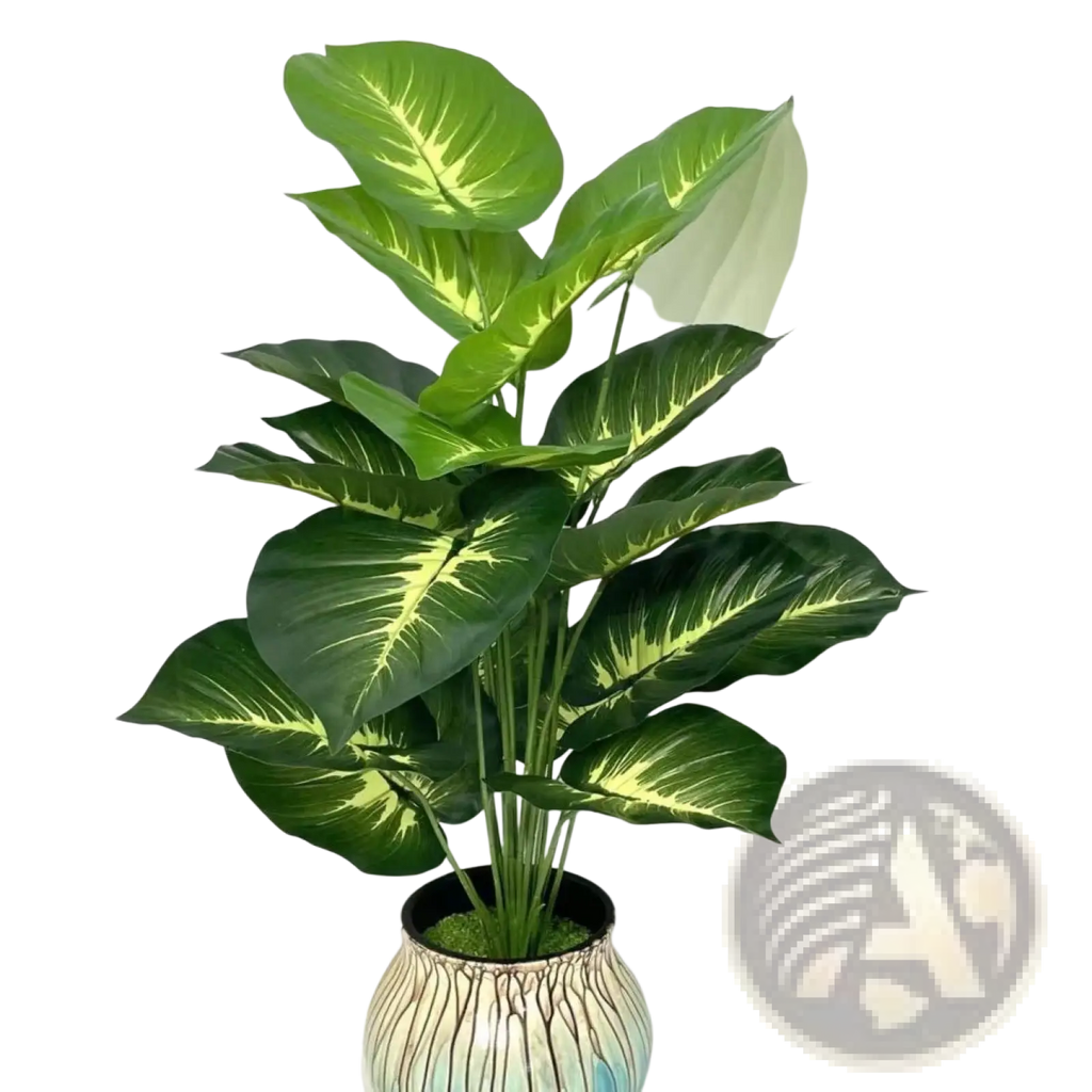 Artificial monstera turtle leaf potted plant featuring lush dieffenbachia leaves with green and creamy yellow variegation in a ceramic pot