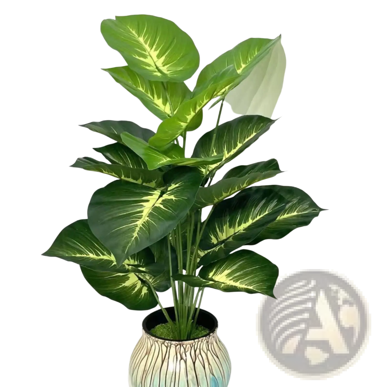 Artificial monstera turtle leaf potted plant featuring lush dieffenbachia leaves with green and creamy yellow variegation in a ceramic pot