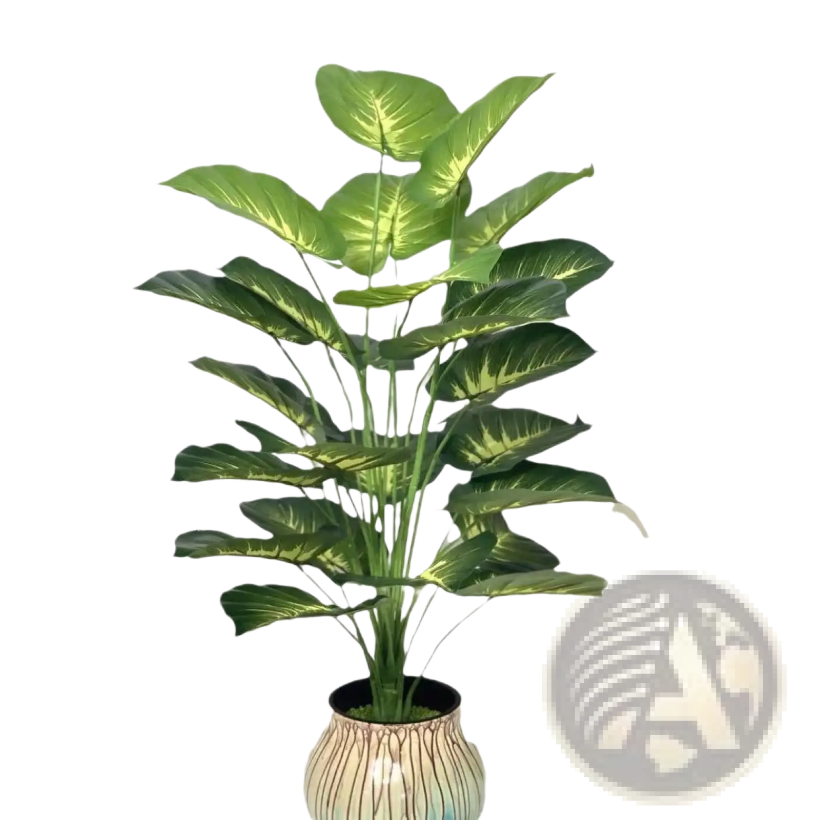 Artificial monstera turtle leaf potted plant with broad green veined leaves in a striped ceramic pot for garden decor