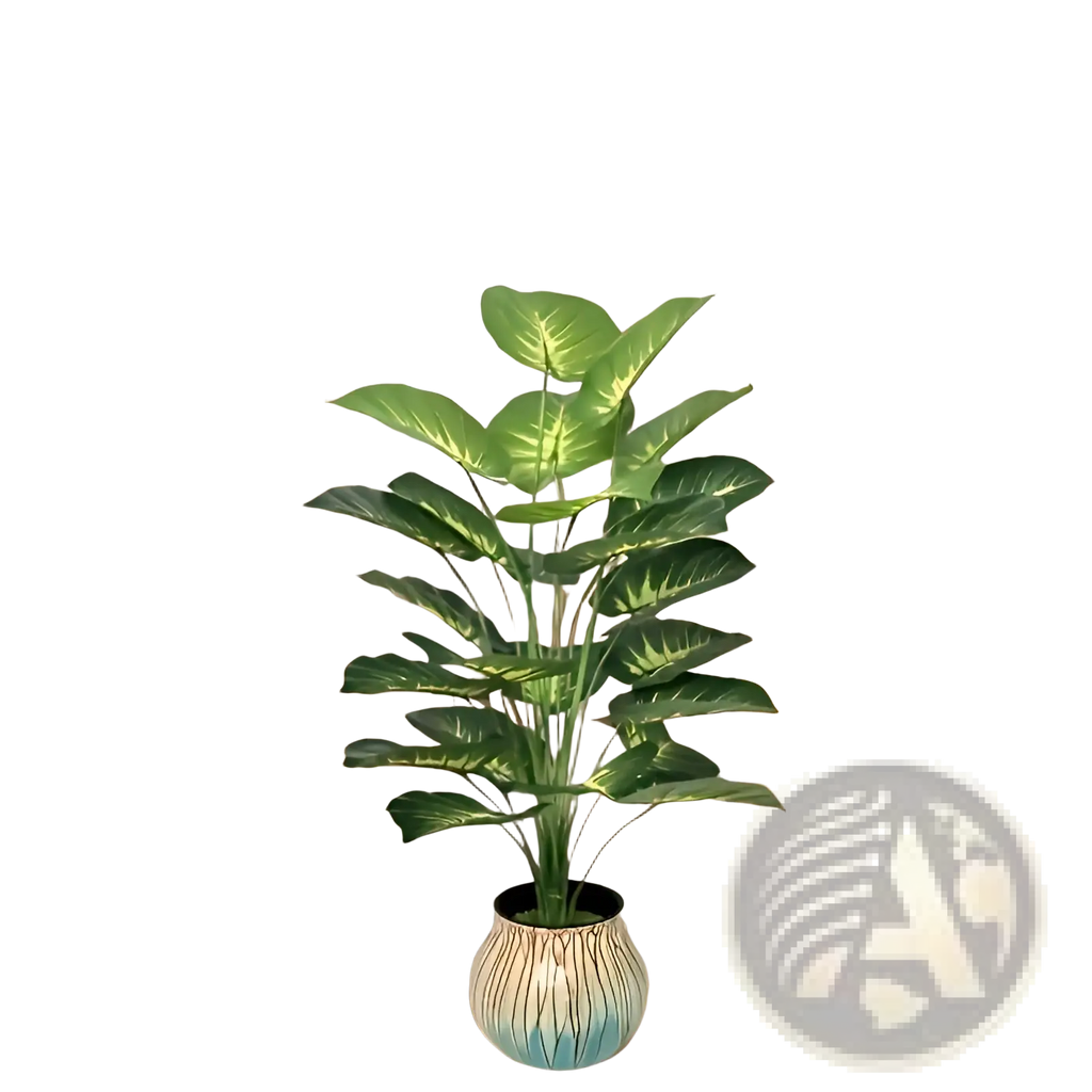 A tall lush green artificial monstera turtle leaf plant in a blue and white striped ceramic pot for garden decor