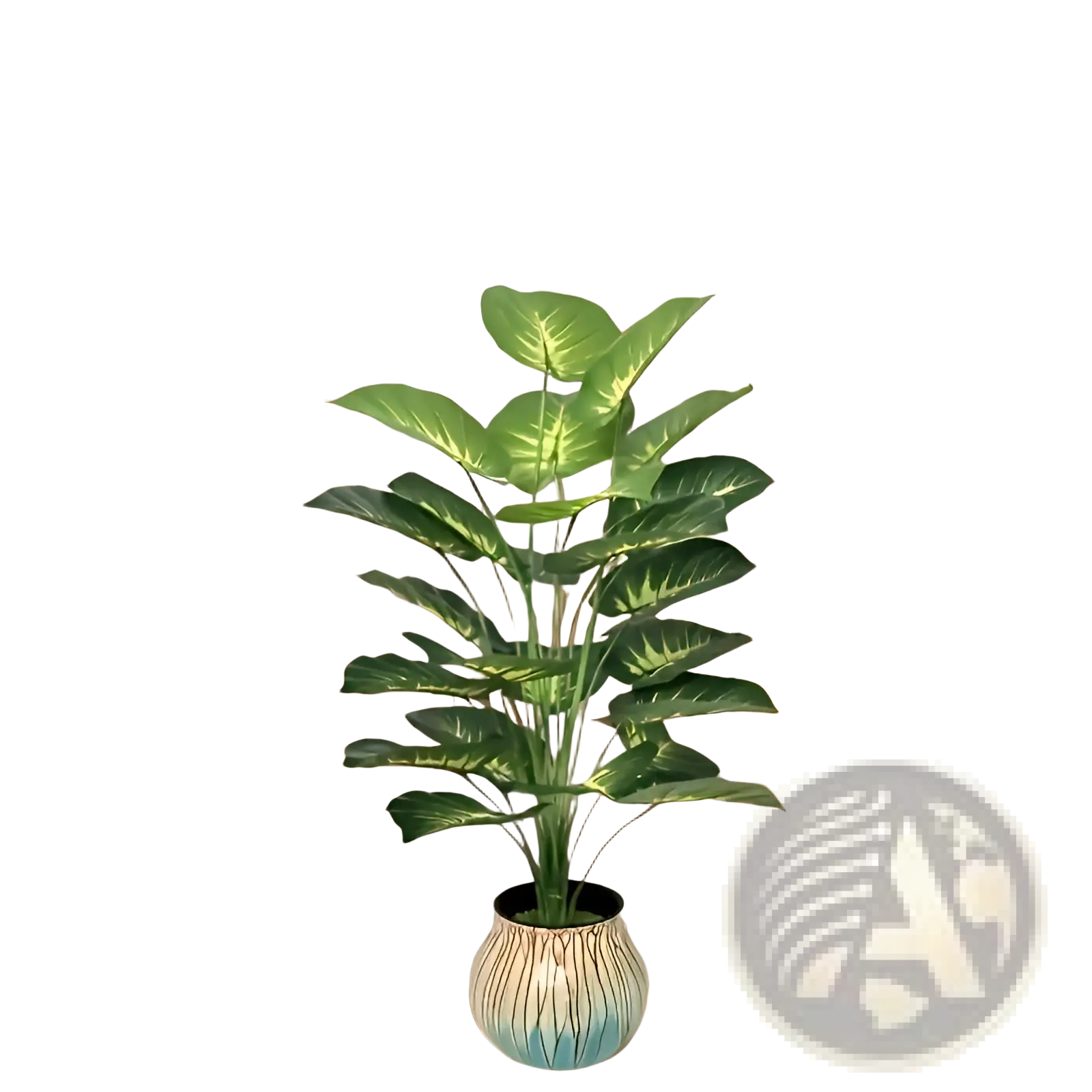 A tall lush green artificial monstera turtle leaf plant in a blue and white striped ceramic pot for garden decor
