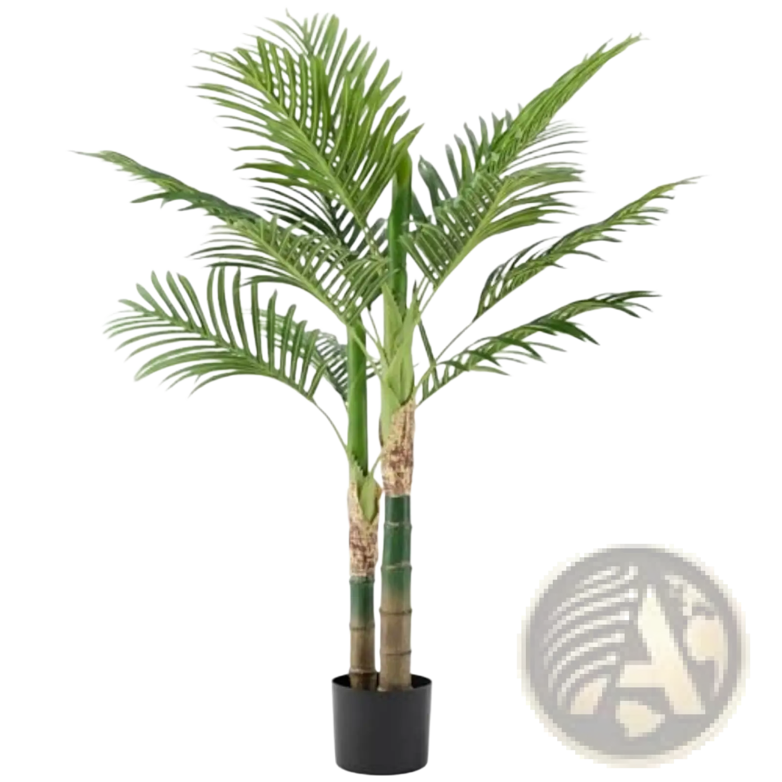 Artificial green palm tree with segmented stems and fronds in black pot realistic tall potted indoor plant