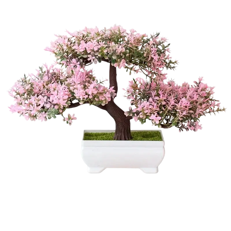 Artificial plants bonsai small tree pot with pink blossoms and green leaves in a white ceramic pot plant