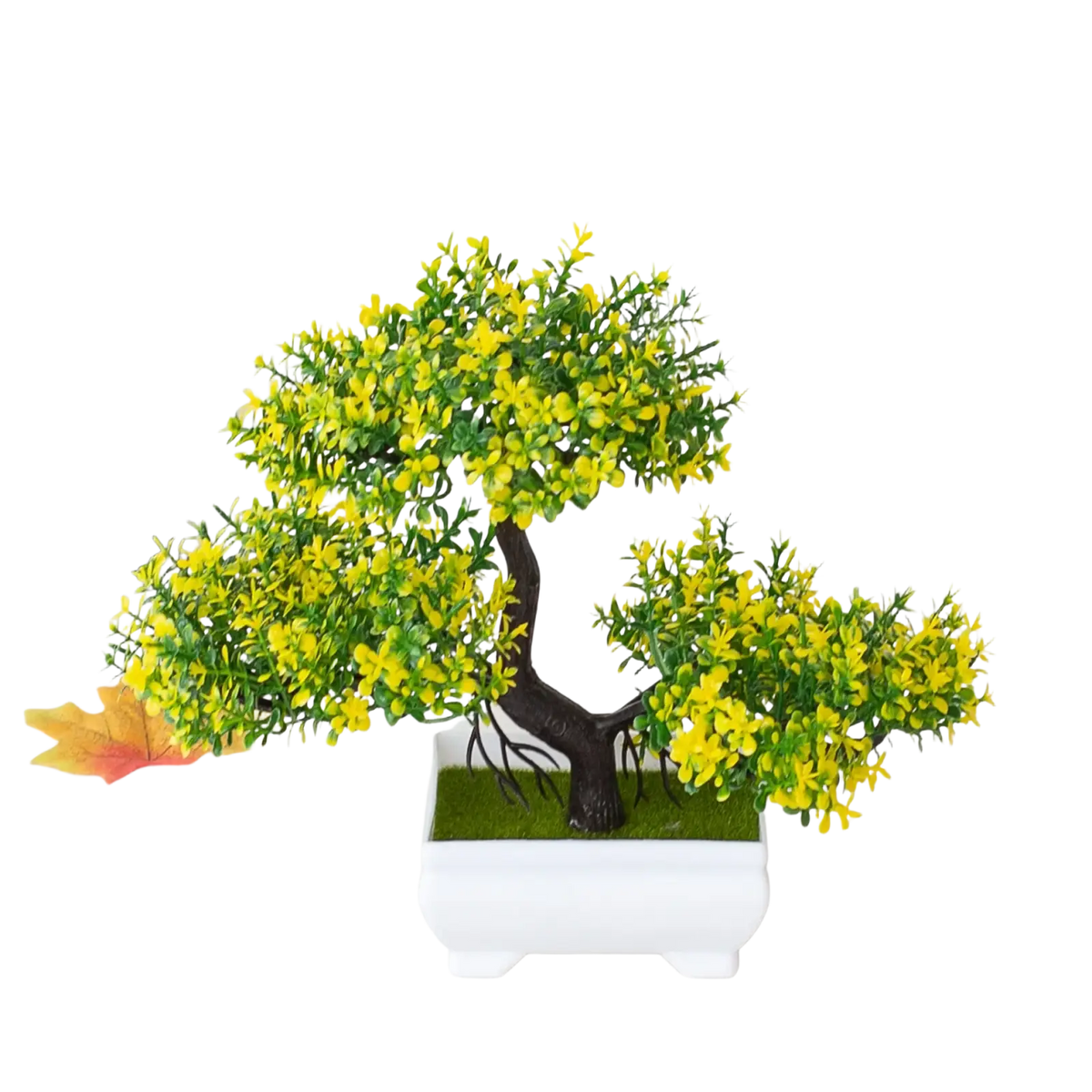 A vibrant artificial plants bonsai small tree pot with lush green foliage and yellow blossoms in a white ceramic pot