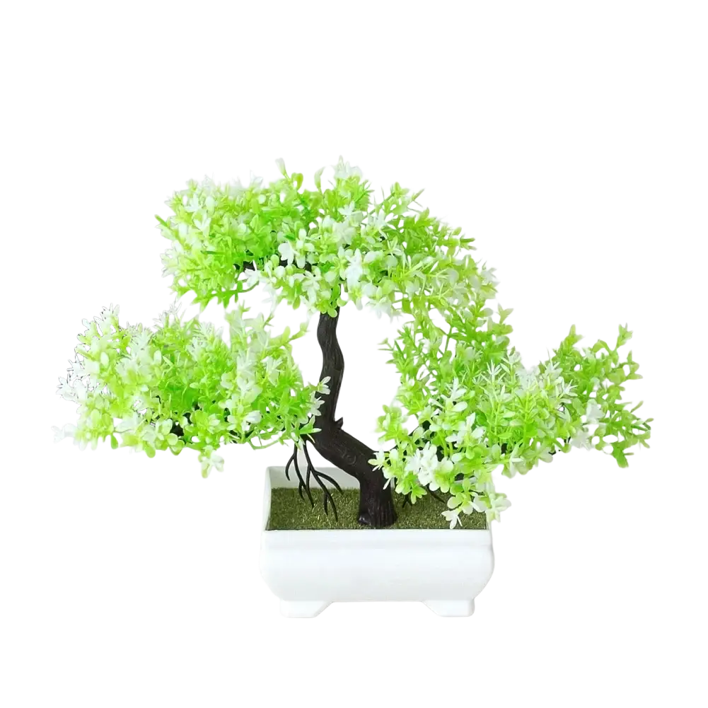A vibrant green artificial plants bonsai with white blossoms in a sleek white ceramic small tree pot pot plant