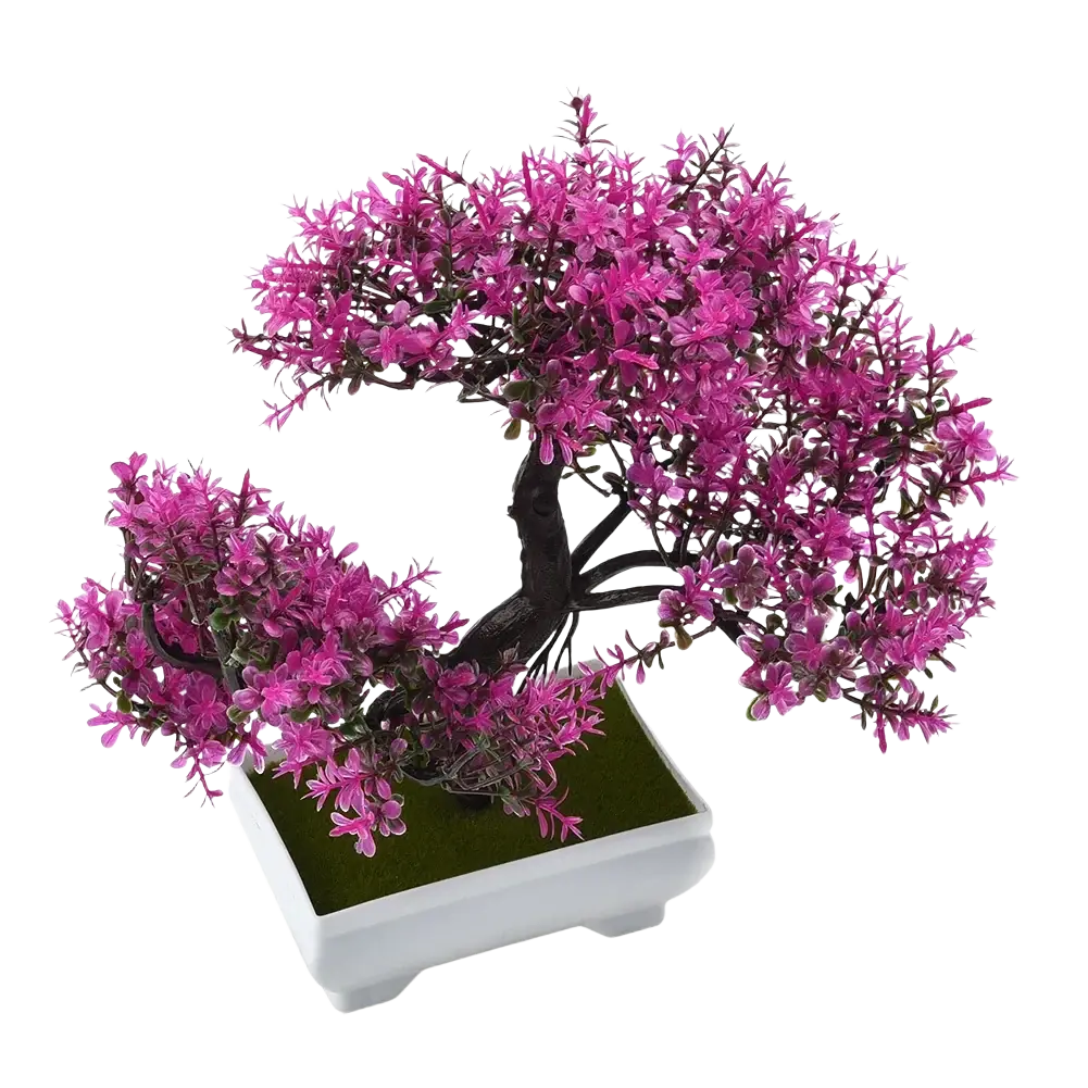 A vibrant pink artificial plants bonsai with detailed branches in a sleek white ceramic small tree pot plant