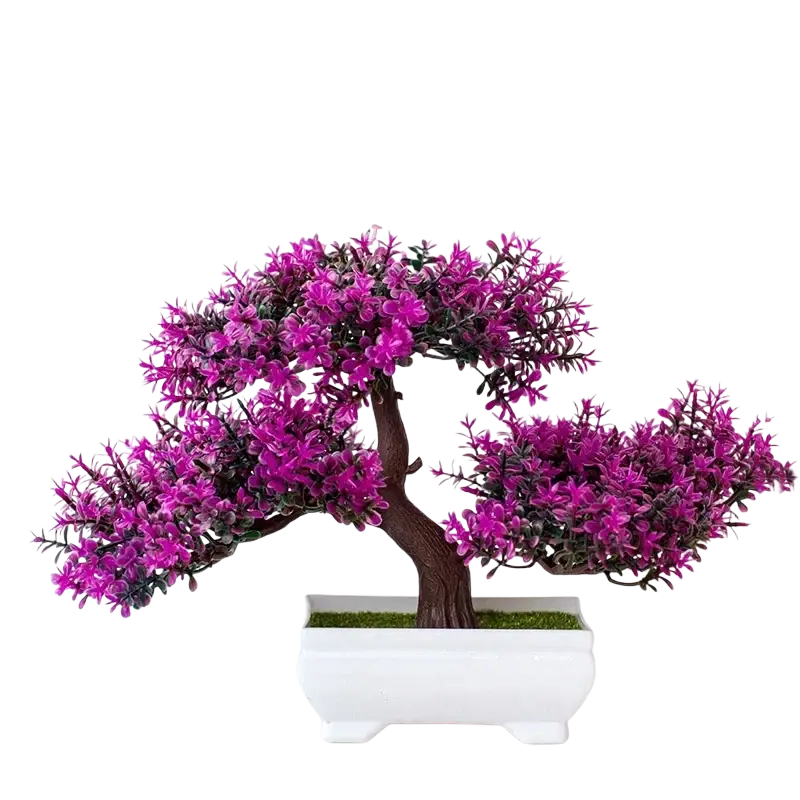 A vibrant purple artificial plants bonsai small tree pot with detailed branches in a white ceramic container
