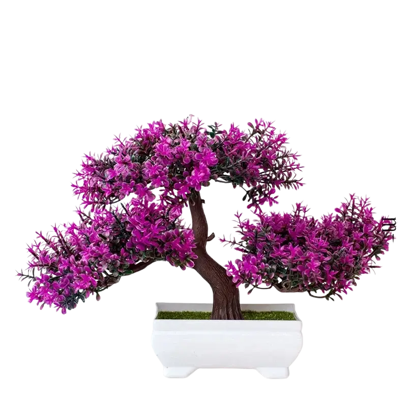 A vibrant purple artificial plants bonsai small tree pot with detailed foliage in a white ceramic pot plant