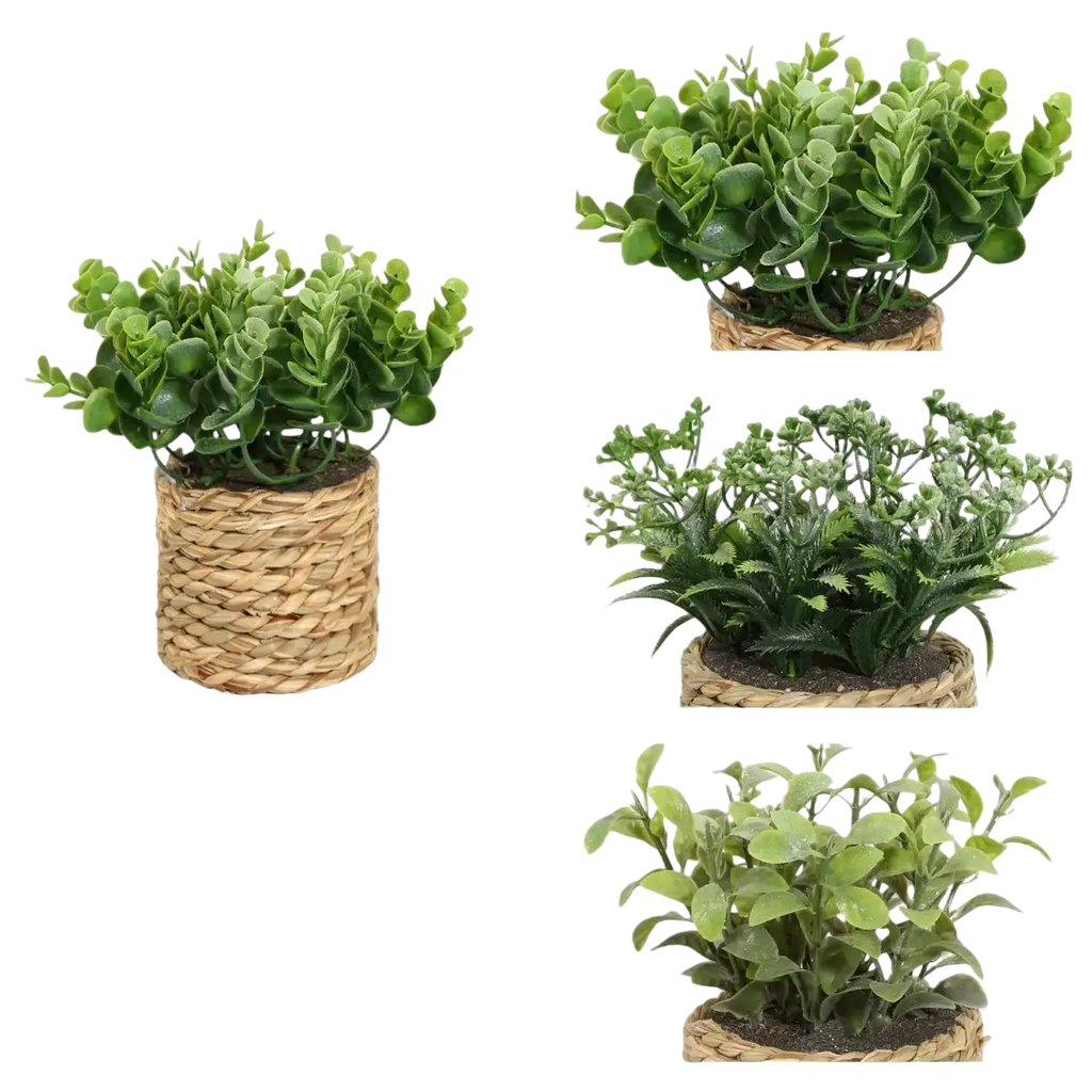 Green artificial eucalyptus flowers with glossy pe leaves in a woven dried sea grass pot small potted plants
