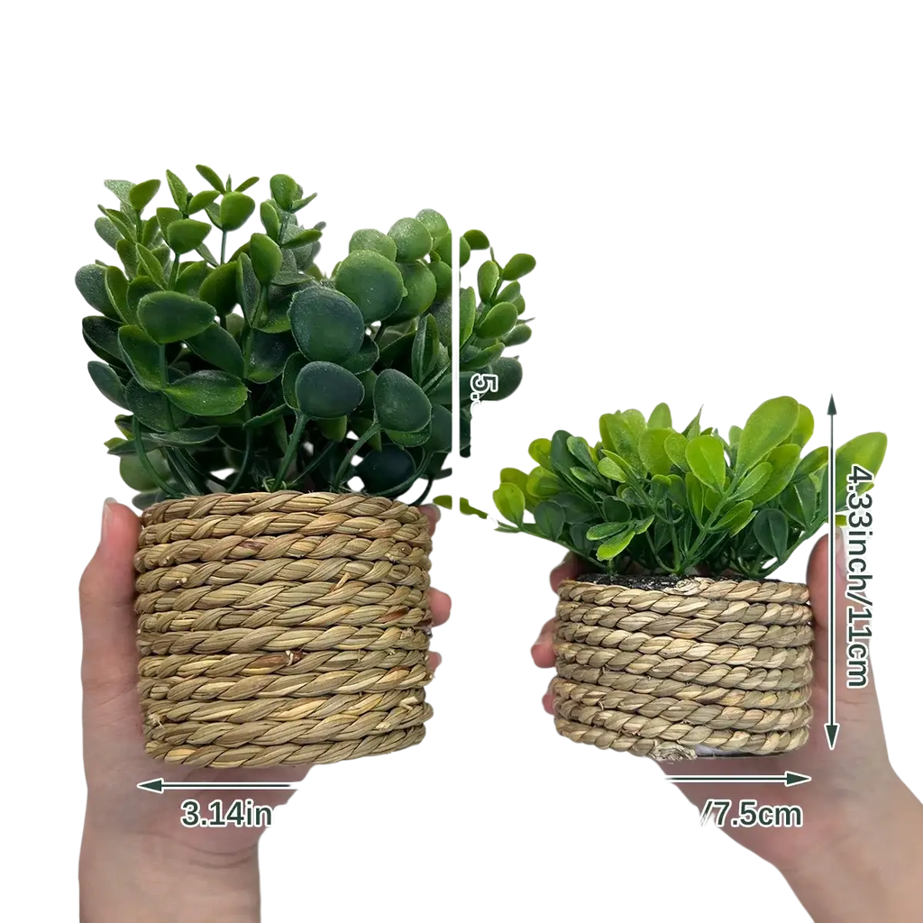 Hand-woven natural fiber planter with lush green artificial eucalyptus flowers small potted plants 17cm