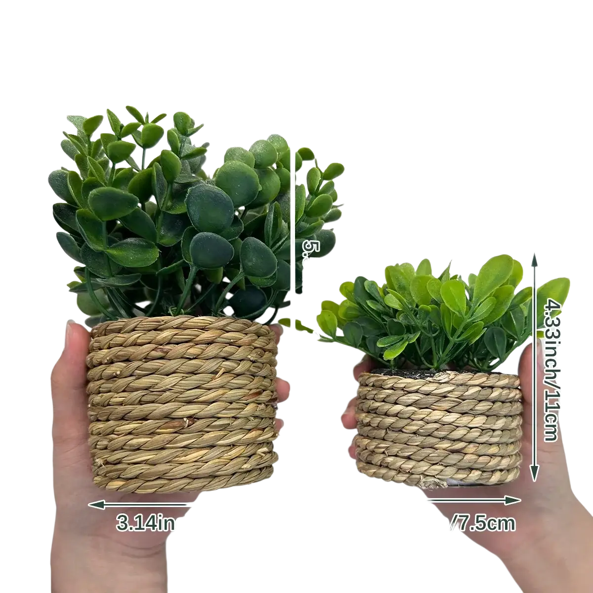 Hand-woven natural fiber planter with lush green artificial eucalyptus flowers small potted plants 17cm