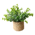 A lush artificial eucalyptus plant with green leaves in a woven natural fiber pot small potted plants decor