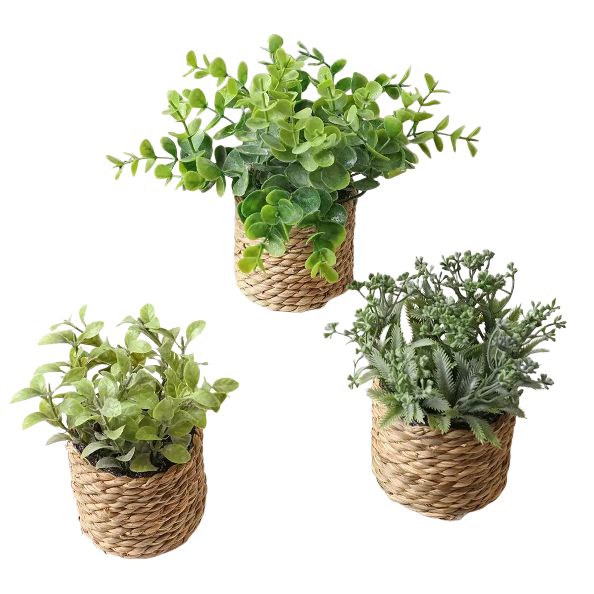 Three small potted artificial plants featuring green eucalyptus flowers in woven natural fiber pots measuring 17cm