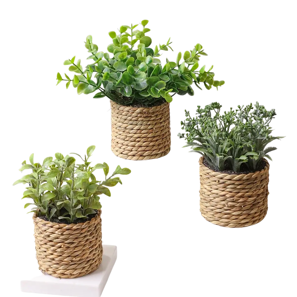 Three woven natural fiber planters with small potted artificial plants featuring eucalyptus flowers and varied green foliage