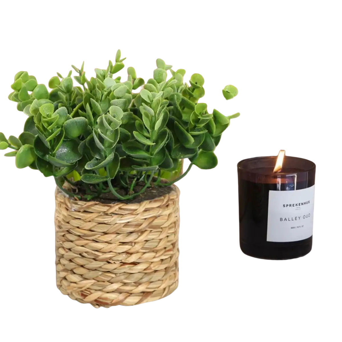 A small potted artificial plant featuring vibrant green eucalyptus flowers in a woven natural fiber planter
