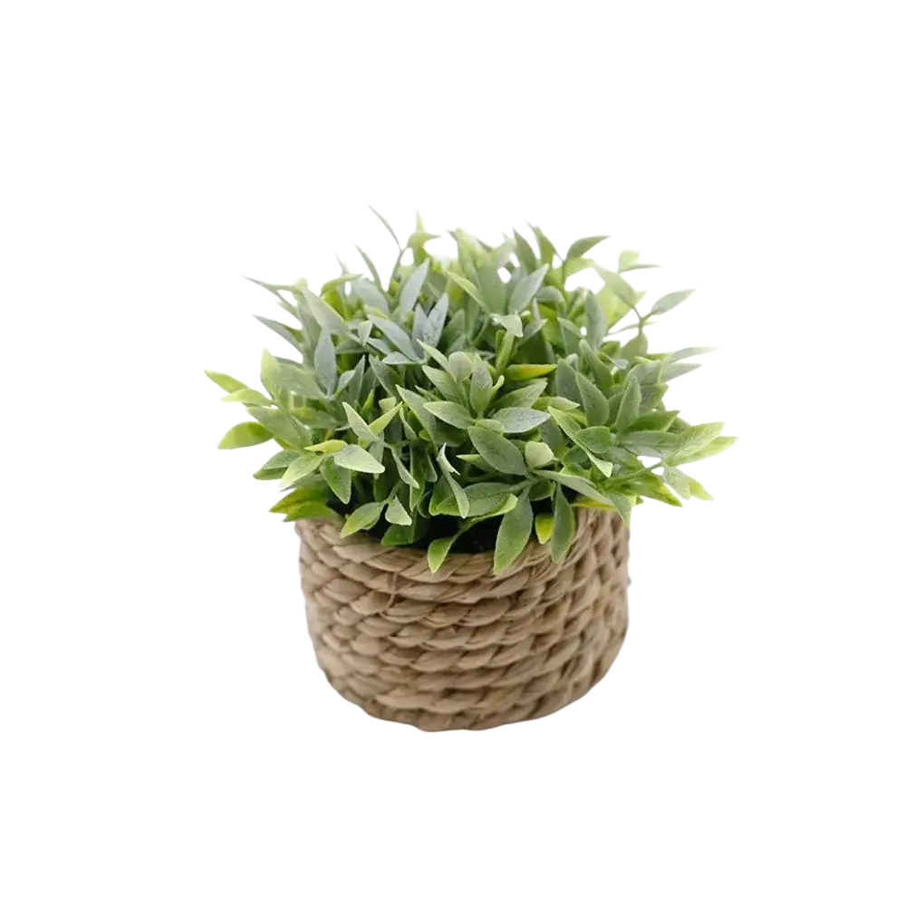 A woven natural fiber artificial potted plant with lush green eucalyptus grass in varying shades, 11cm tall