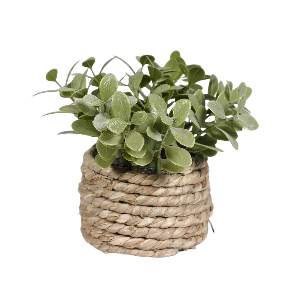 A small woven natural fiber planter holding a lush green artificial potted plant eucalyptus grass 11cm