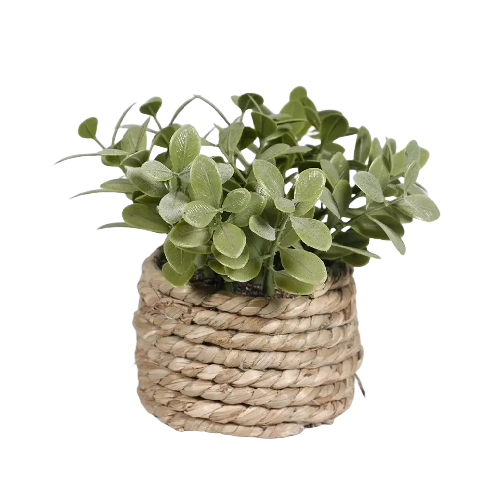 A small woven rope artificial potted plant with lush green eucalyptus grass for indoor decor 11cm