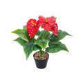 Artificial red anthurium potted plant with three vibrant flowers and nine glossy green leaves in a black pot