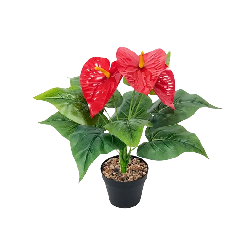Artificial red anthurium potted plant with three vibrant flowers and nine glossy green leaves in a black pot