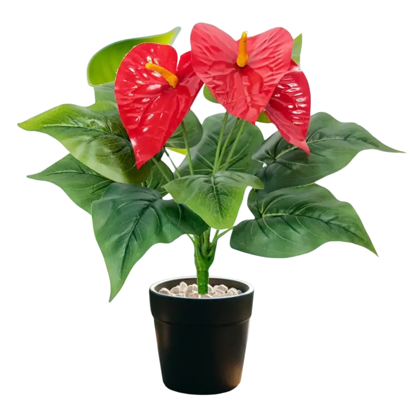 Artificial red anthurium potted plant with vibrant glossy heart-shaped blooms and lush green leaves in black ceramic pot