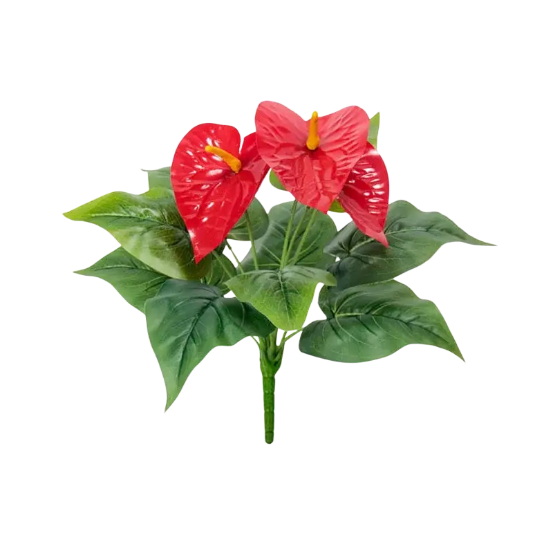Artificial red anthurium potted plant with vibrant red flowers, yellow centers, and glossy green leaves on a sturdy stem