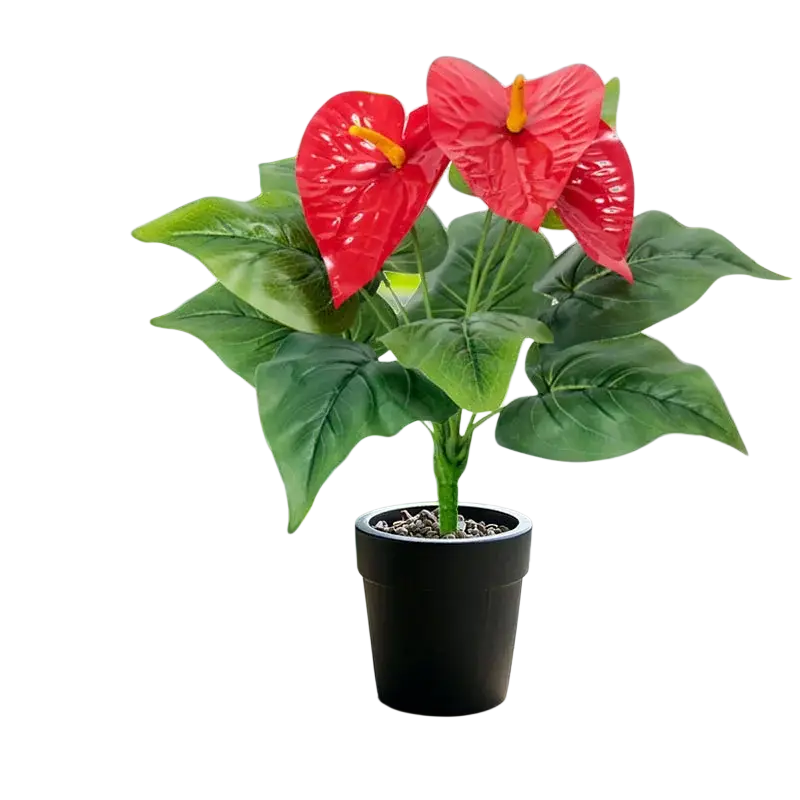 Artificial red anthurium potted plant with vibrant red flowers and glossy green leaves in a sleek black ceramic pot