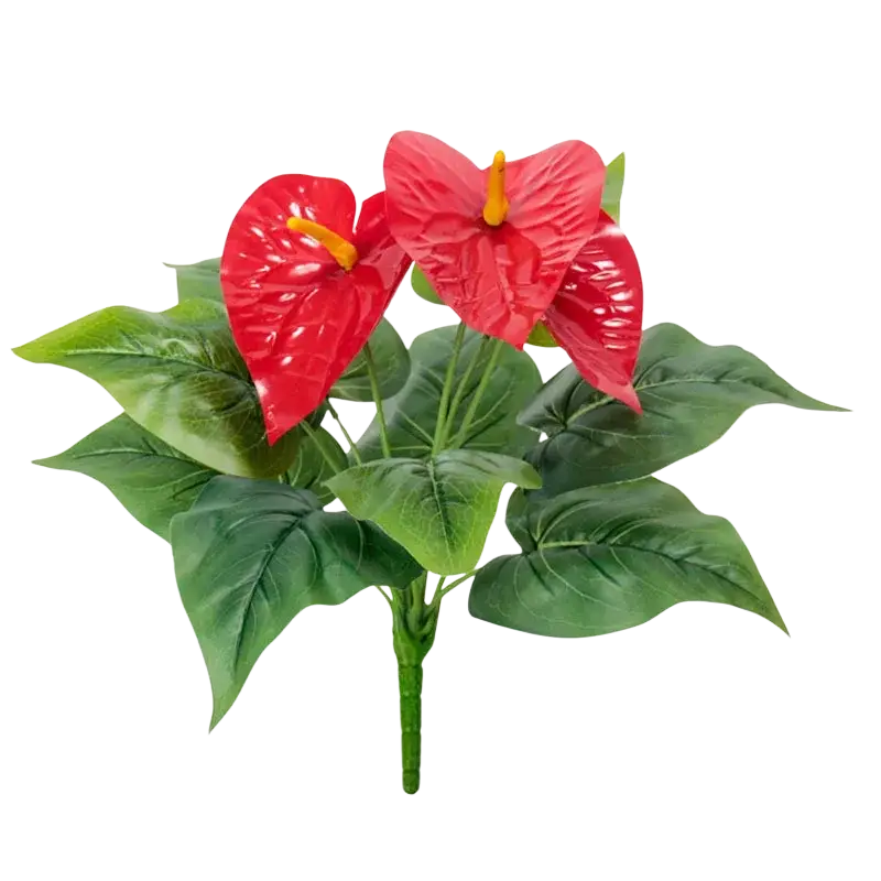 Artificial red anthurium potted plant with vibrant glossy petals and deep green leaves made of durable materials